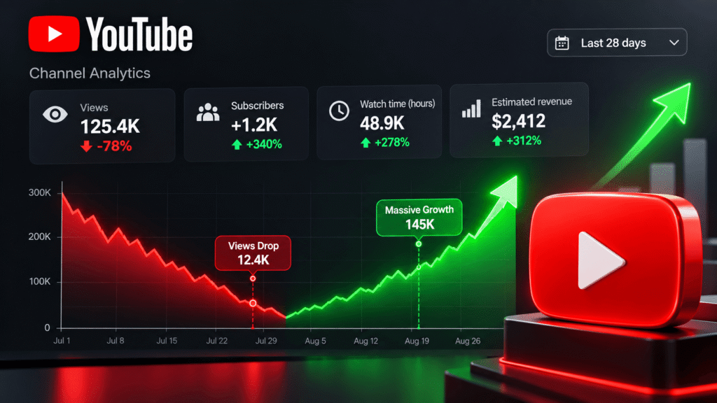 3D YouTube analytics dashboard showing a view drop recovering into an upward green growth trend.
